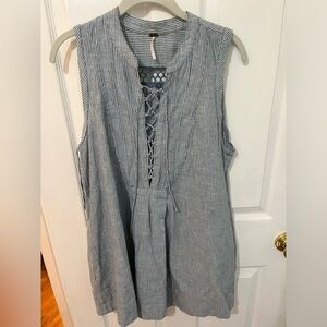 Free People Blue and White Striped Lace-Up Top